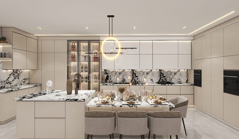 طراحی سالن پذیرایی و آشپزخانه به سبک مدرن به متراژ 500 مترمربع