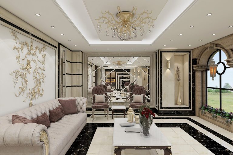 طراحی-داخلی-لابی-با-متریال-،اینه،کناف،سنگ-کرم،پتینه-1-1536x1024