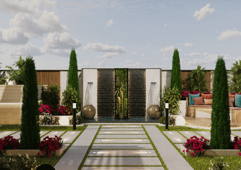 طراحی روف گاردن بامتریال-واش بتن-سنگ-ترمو وال چوبی-کاشی استخری-چمن مصنوعی