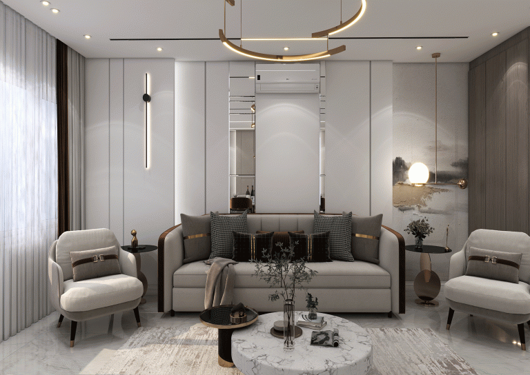 طراحی سالن پذیرایی با متریال - امدیاف - پوستر - نور خطی -آینه