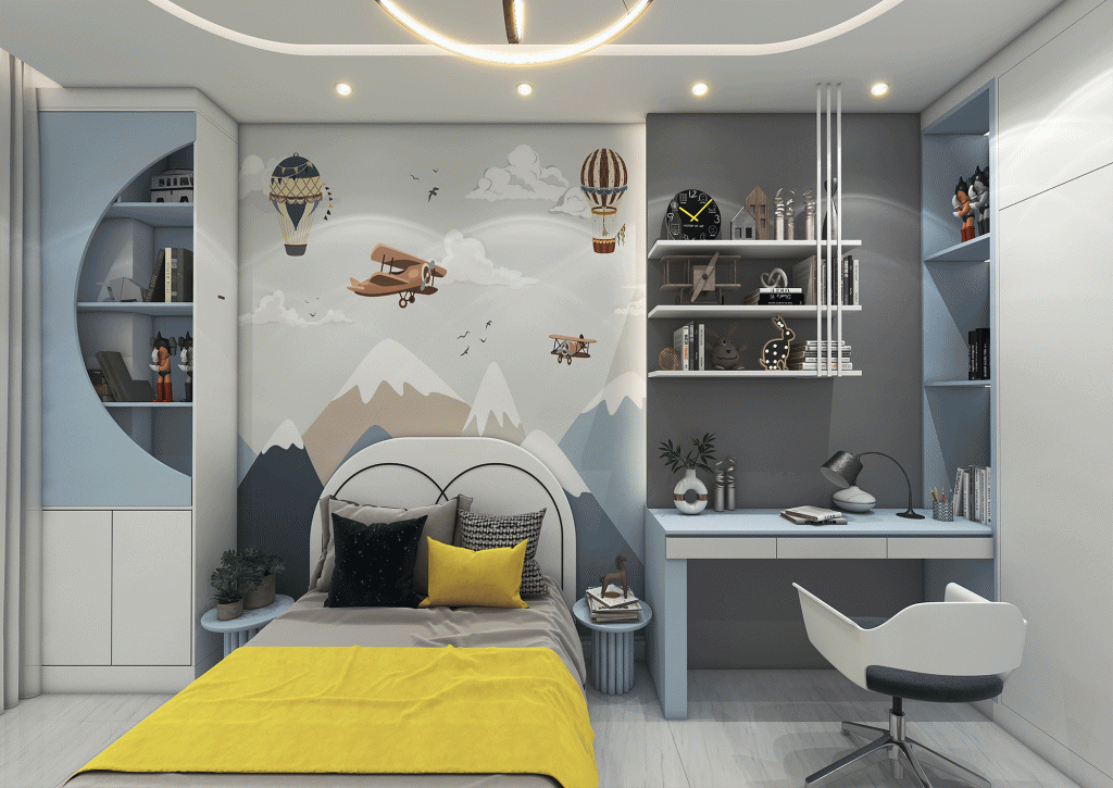 طراحی داخلی اتاق پسر بامتریال -پوستر-ام دی اف-نورخطی