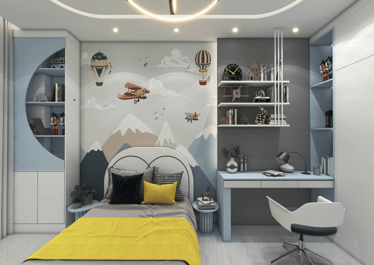 طراحی داخلی اتاق پسر بامتریال -پوستر-ام دی اف-نورخطی