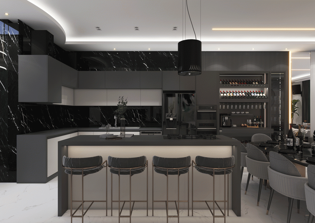 طراحی آشپزخانه با متریال ام دی اف - نور خطی -سنگ- ام دی اف شیاردار- (2)