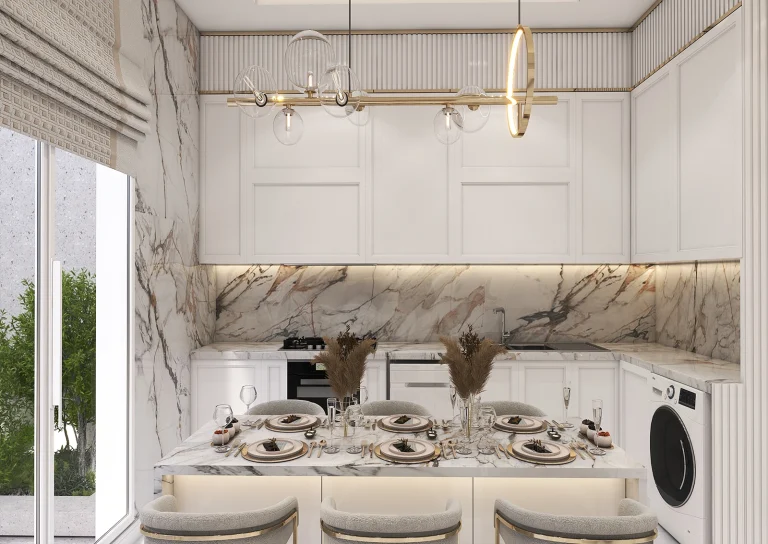 طراحی آشپزخانه با متریال -ام دی اف - نورخطی - ام دی اف شیاردار -سنگ