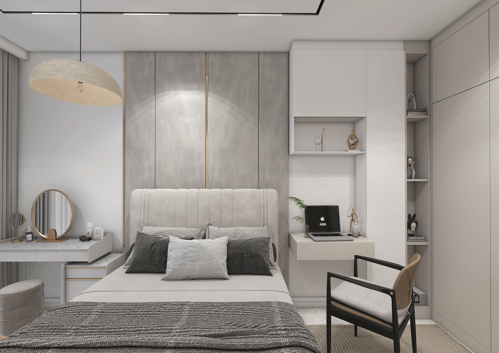 طراحی اتاق خواب دختر با متریال -ام دی اف - لمسه- نوار استیل - نور خطی -