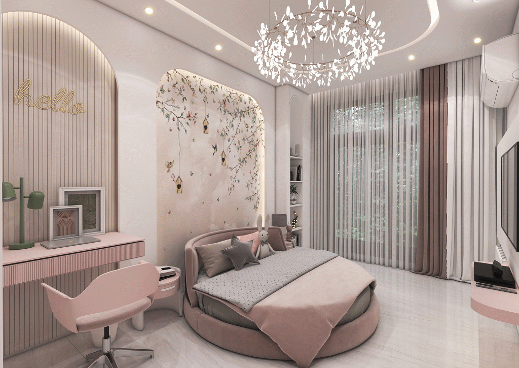 طراحی اتاق خواب دختر بامتریال کناف- ام دی اف شیاردار-نورخطی- پوستر