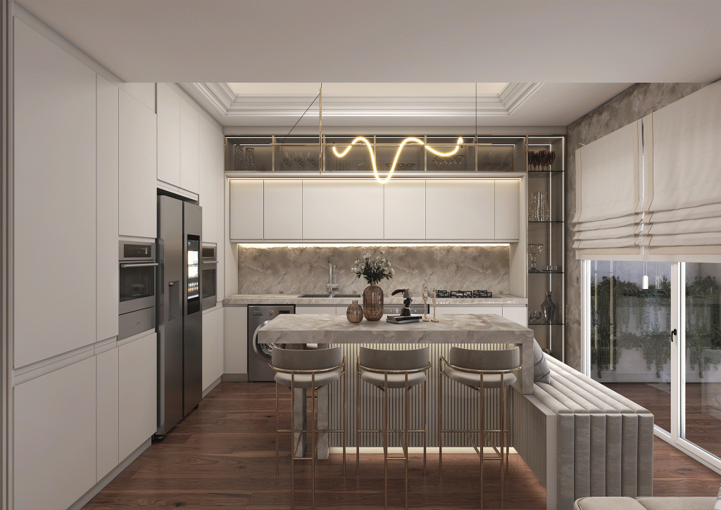 طراحی داخلی-آشپزخانه-بامتریال-ام دی اف-سنگ-لمسه-ام دی اف شیاردار