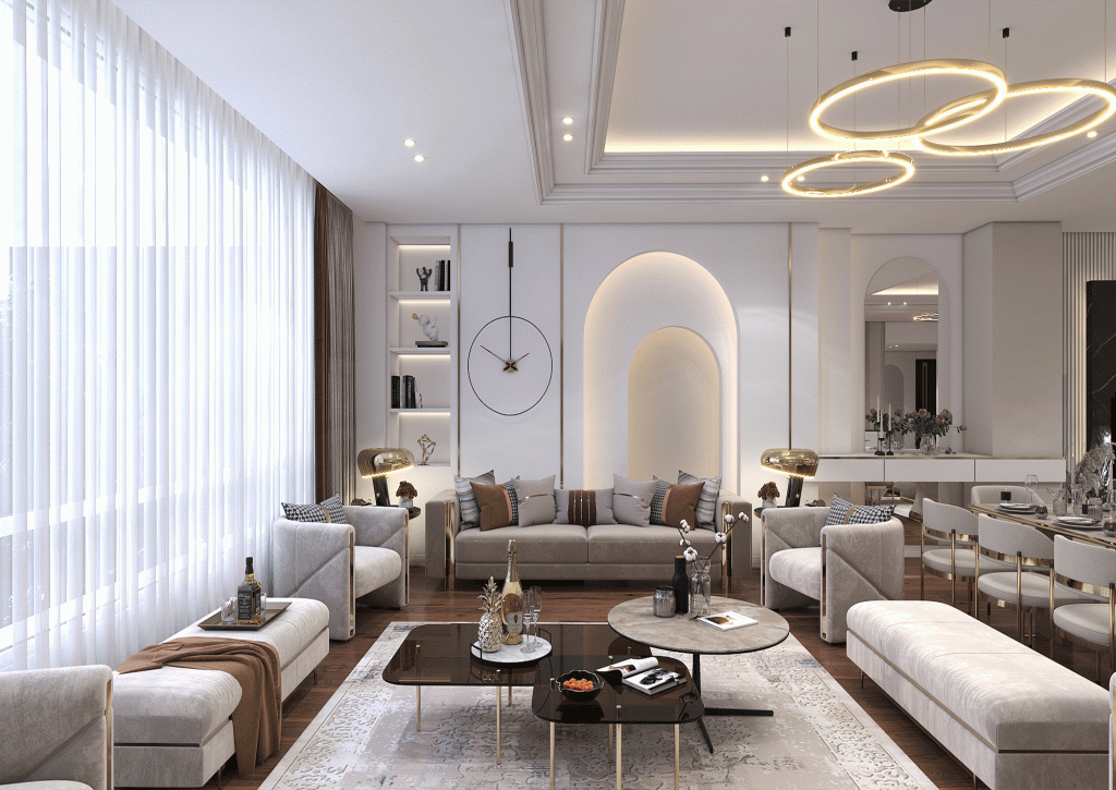 طراحی داخلی-سالن پذیرایی-با متریال-کناف-کاغذدیواری-آینه-نوار استیل-نورخطی