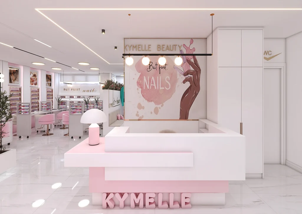 طراحی سالن آرایشی با متریال - ام دی اف -نورخطی -پوستر -نوار استیل طلایی -