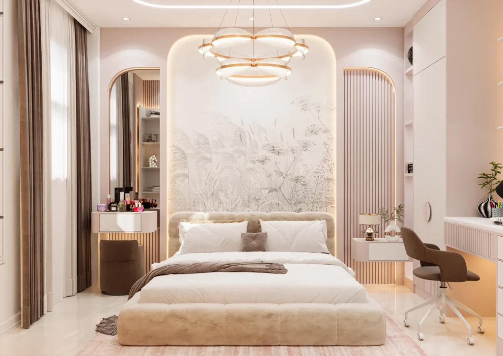 طراحی اتاق خواب با متریال ام دی اف - نورخطی - پوستر- کناف - ام دی اف شیاردار -