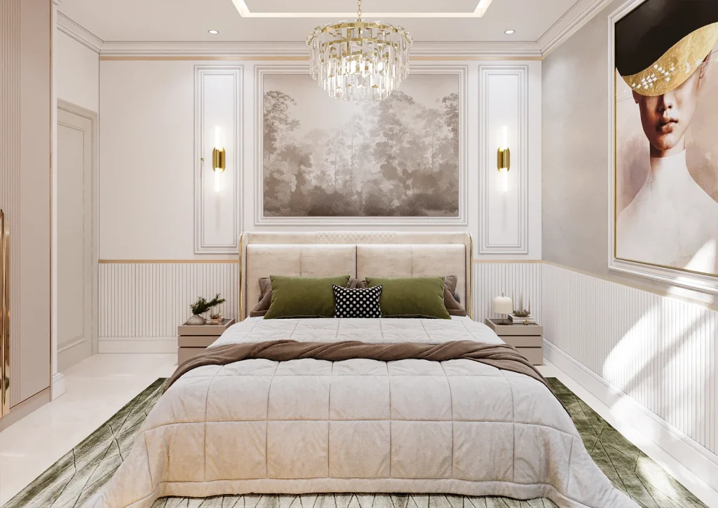 طراحی اتاق خواب با متریال - ام دی اف- نوار طلایی استیل - پوستر - کاغذ دیواری - نور خطی -