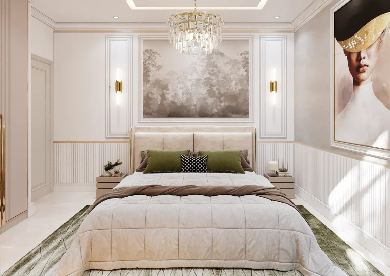 طراحی اتاق خواب با متریال - ام دی اف- نوار طلایی استیل - پوستر - کاغذ دیواری - نور خطی -