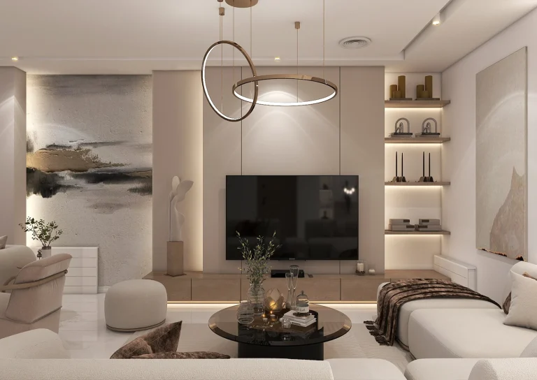 طراحی سالن پذیرایی با متریال - ام دی اف - پوستر - نور خطی -