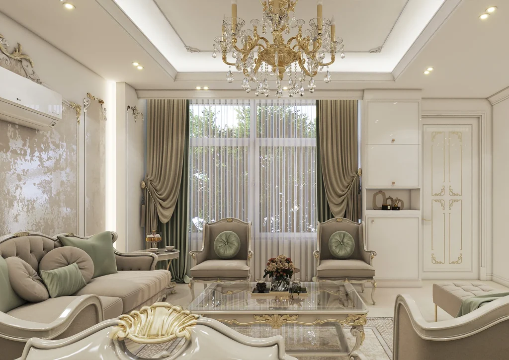 طراحی سالن پذیرایی با متریال - پتینه - نور خطی -