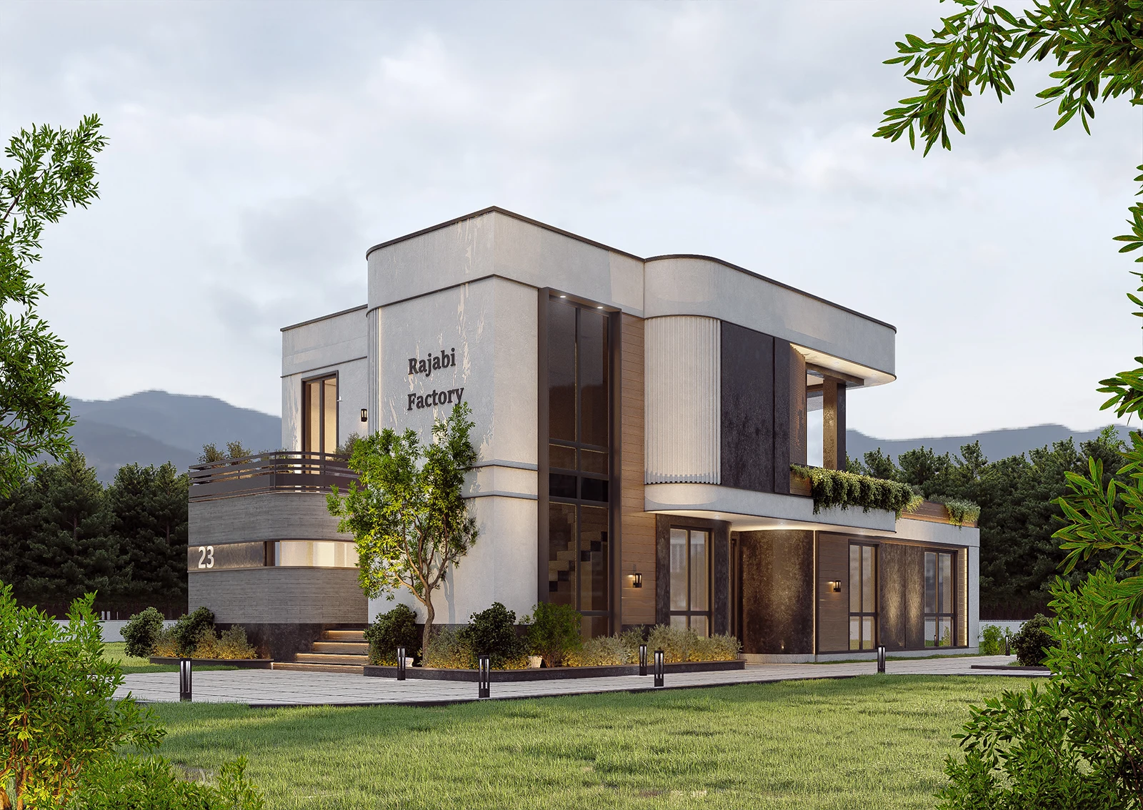 بتن اکسپوز ، چوب یا پنل‌های کامپوزیت با طرح چوب ، نورپردازی دیواری ، پوشش گیاهی ، شیشه‌های بزرگ و سرتاسری ، سنگ یا مصالح کف‌سازی در محوطه