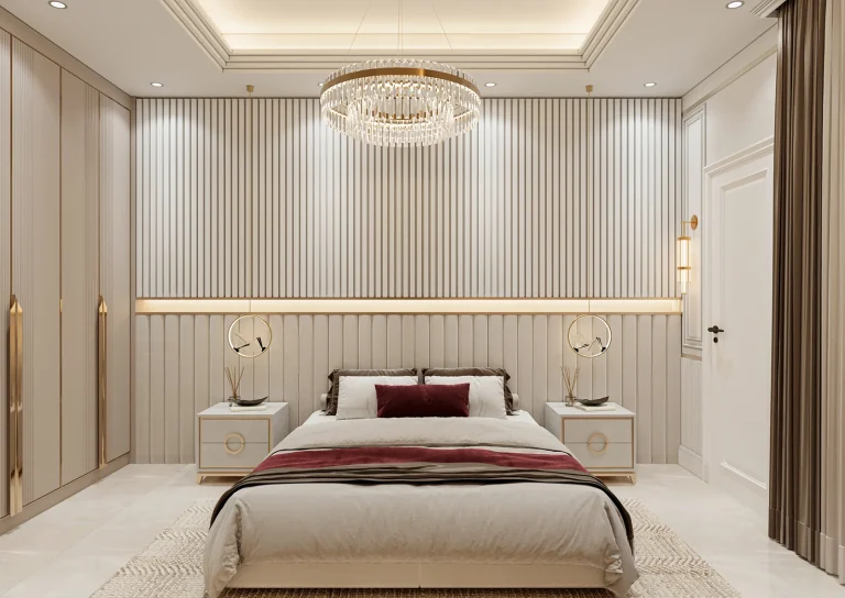 طراحی اتاق خواب با متریال - ام دی اف -لمسه - نورخطی- نواراستیل طلایی - ام دی اف شیاردار-