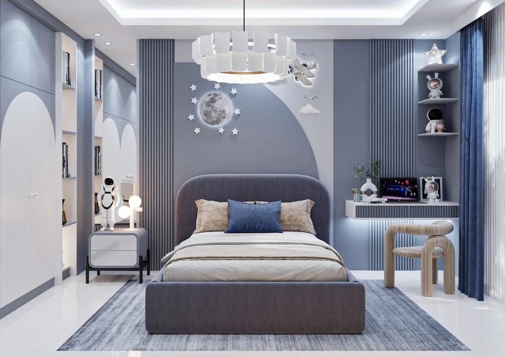 طراحی اتاق خواب پسر بامتریال -ام ی اف شیاردار -نورمخفی -آینه -