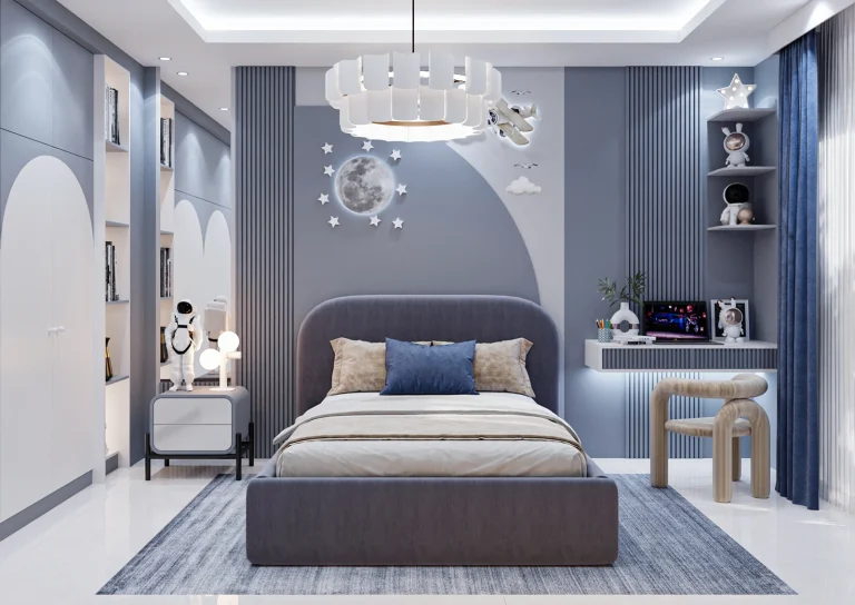 طراحی اتاق خواب پسر بامتریال -ام ی اف شیاردار -نورمخفی -آینه -