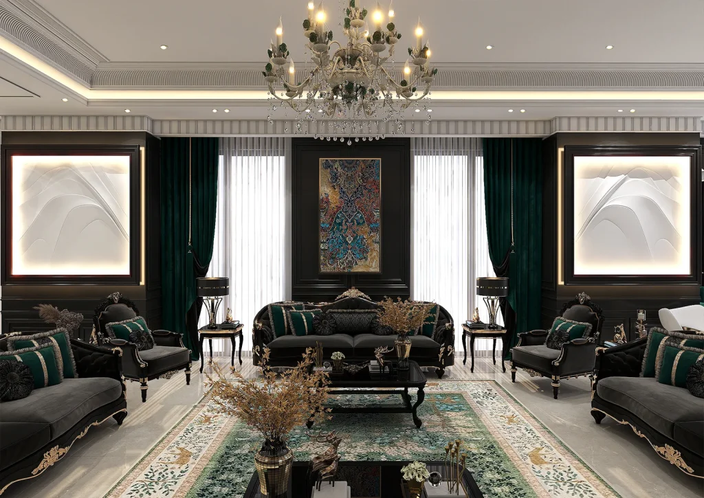 طراحی سالن پذیرایی با متریال - ام دی اف - نورخطی -ام دی اف شیاردار- نوار استیل طلایی-گچ بری