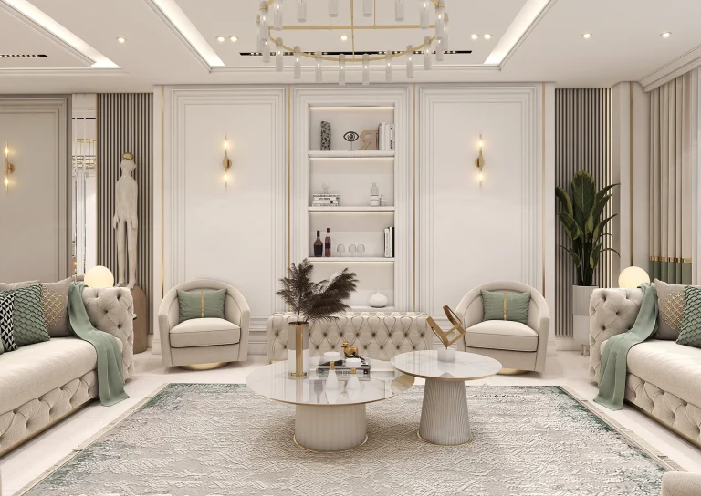 طراحی سالن پذیرایی بامتریال -ام دی اف شیاردار -نوار استیل طلایی - نور مخفی -