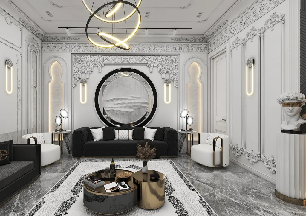 سنگ ، ام دی اف شیاردار ، نورمخفی ، پوستر، آینه ، گچ‌کاری کلاسیک با رنگ سفید مات