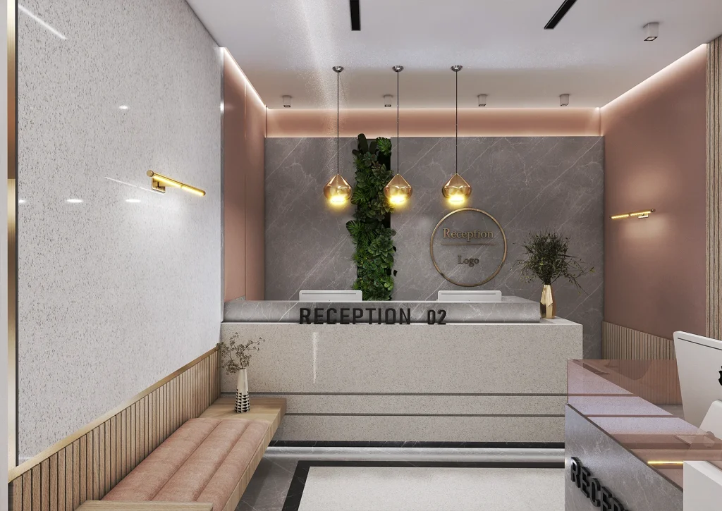 طراحی کلینیک با متریال سنگ ، ام دی اف و ام دی اف شیاردار ، نوار استیل طلایی ، نورمخفی ، پالت رنگی خنثی با تأکید بر طلایی