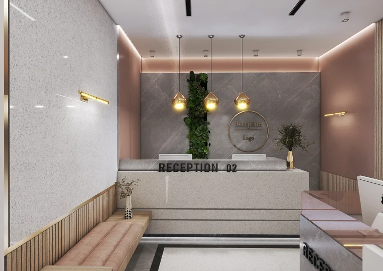 طراحی کلینیک با متریال سنگ ، ام دی اف و ام دی اف شیاردار ، نوار استیل طلایی ، نورمخفی ، پالت رنگی خنثی با تأکید بر طلایی