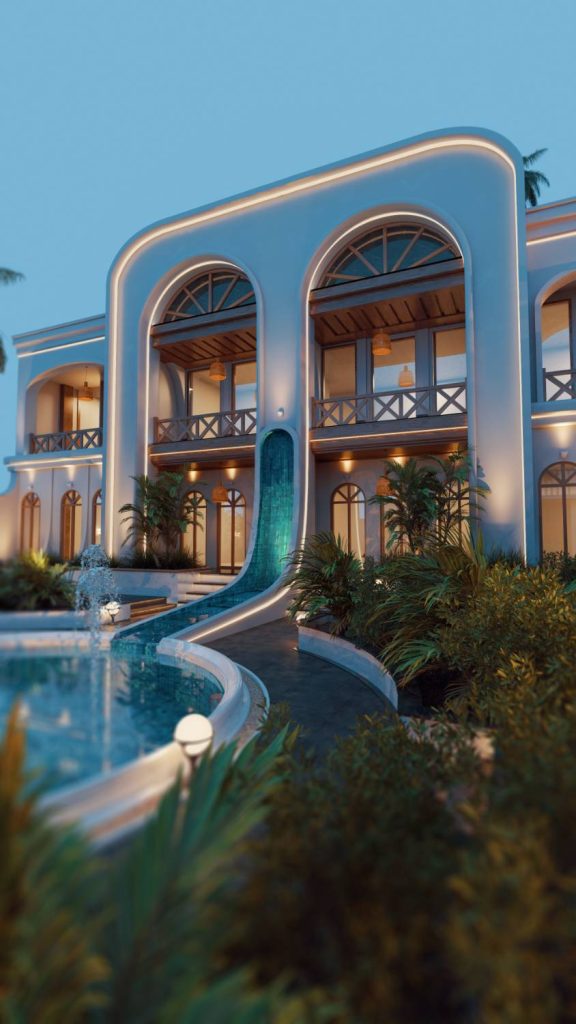 طراحی نما و داخلی به سبک مدیترانه ای پروژه بوم گردی به متراژ 750 متر در قشم