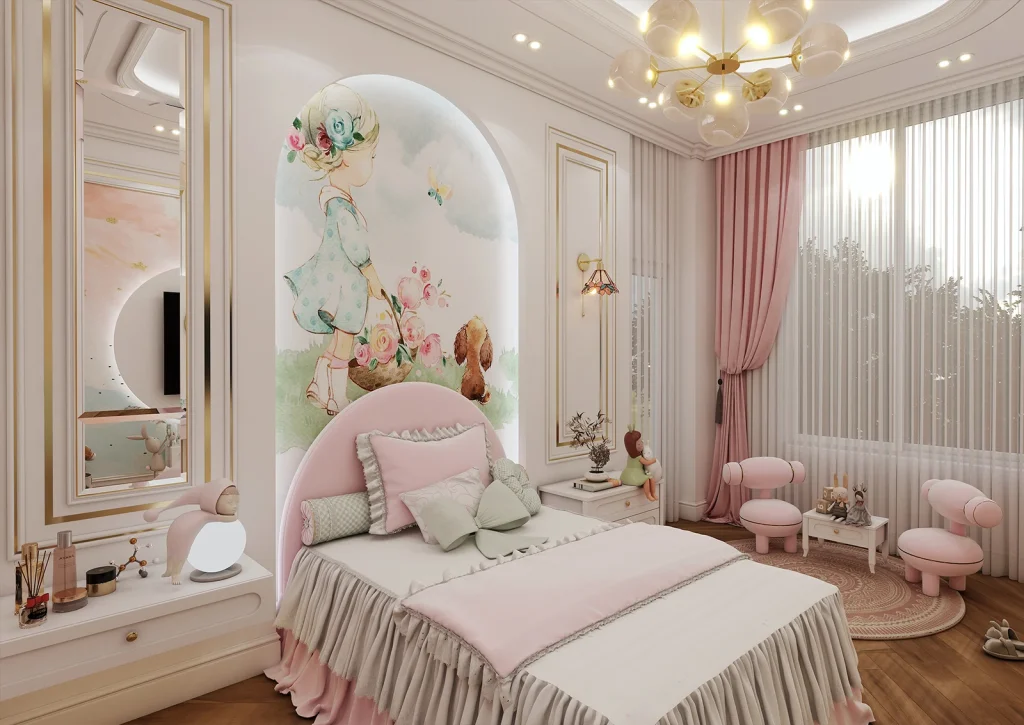 طراحی اتاق خواب دختر بامتریال - ام دی اف -نوار استیل طلایی - پوستر -ام دی اف شیاردار-کناف-آینه (2)