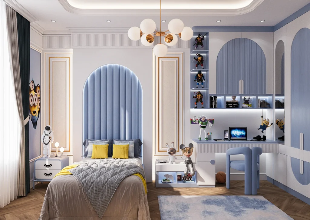 طراحی اتاق خواب پسر بامتریال _ لمسه _ ام دی اف شیاردار _نور خطی _گچ بری _ام دی اف