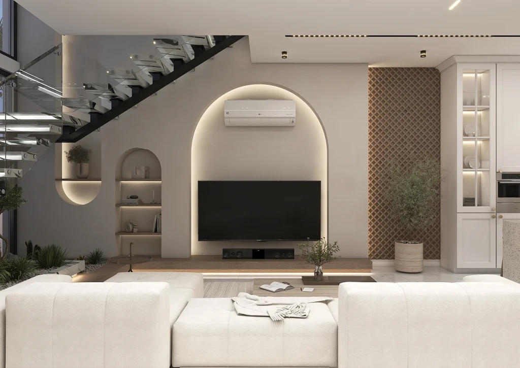 طراحی سالن پذیرایی با متریال _ ام دی اف _ کناف_پنل دکوراتیو_نورخطی_